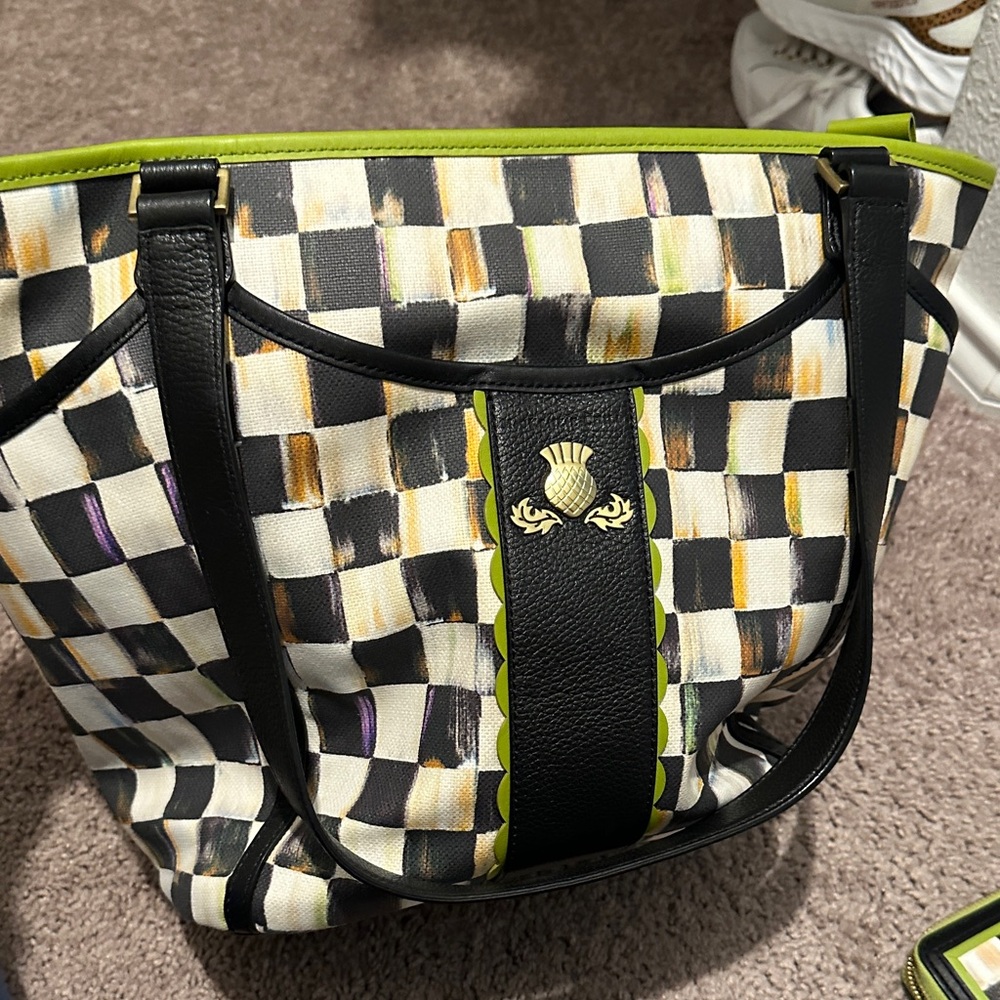 MacKenzie-Childs Black and White Checkered Tote with Green Trim